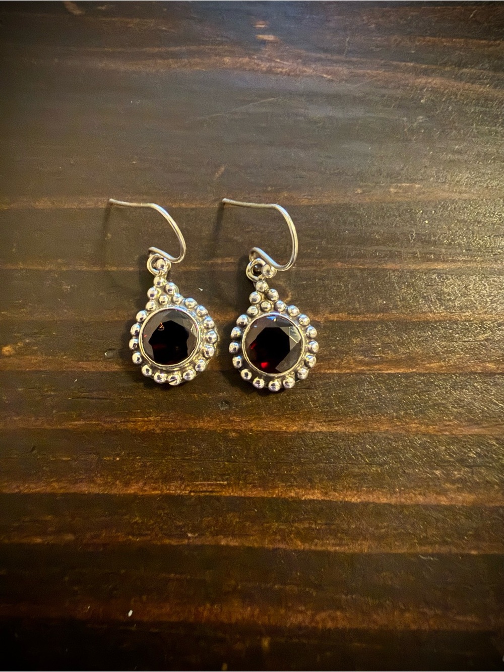 Sterling Silver Garnet Drop Earrings - Deep Red Stone